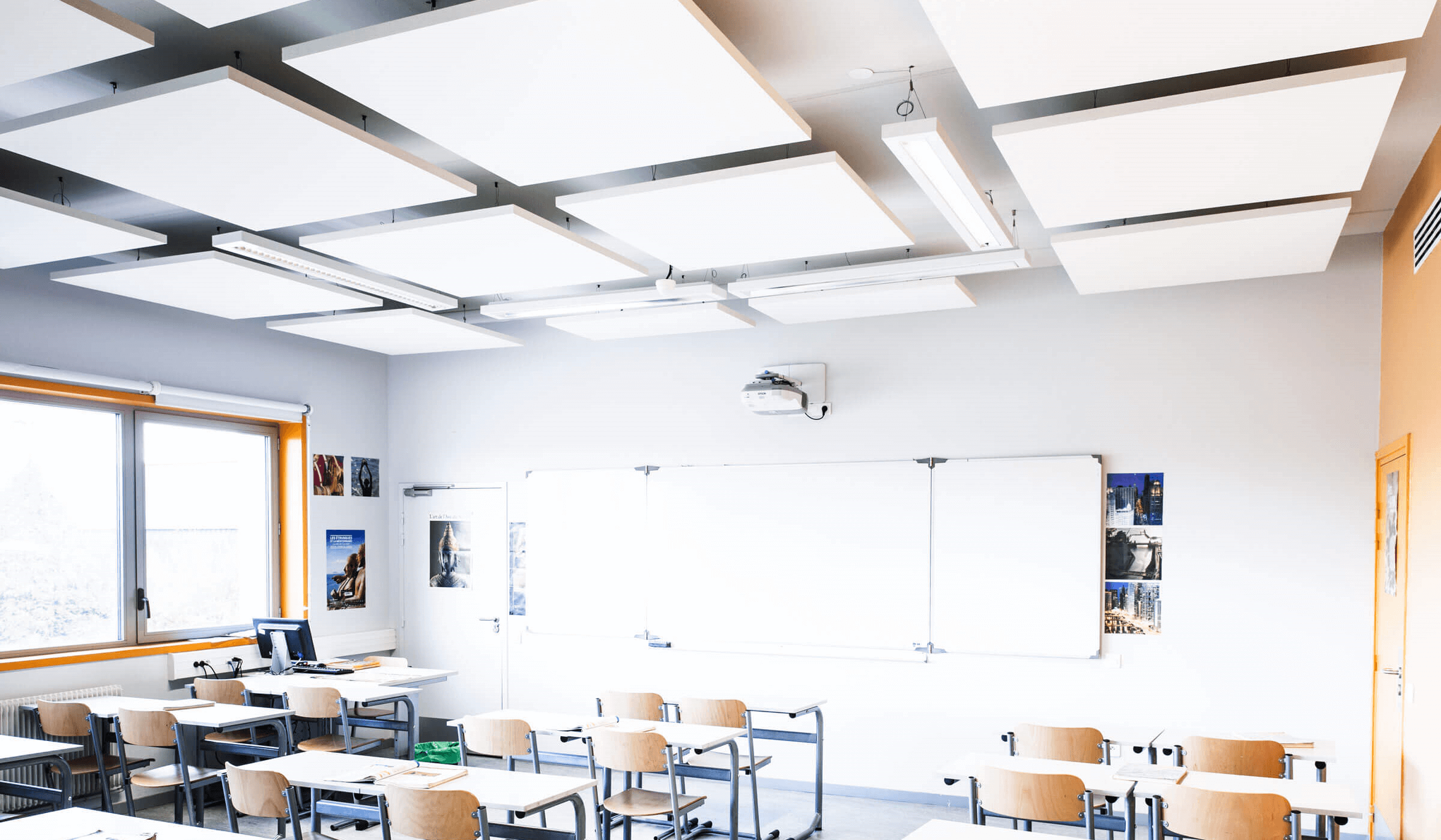General image of a classroom with Ecophon ceiling tiles